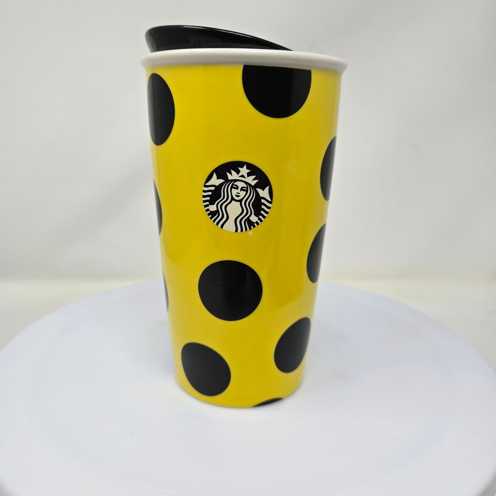 Starbucks Yellow Black Polka Dot Ceramic Travel Tumbler Mug 12oz 2015 Siren Logo